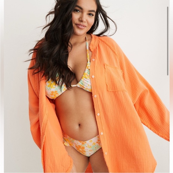 aerie Tops - AERIE POOL-TO-PARTY GAUZY SHIRT COVER UP ORANGE OVERSIZED FIT SIZE: LARGE